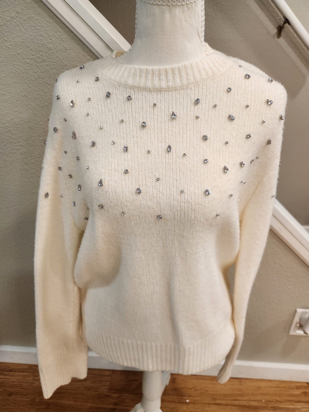 Abercrombie & Fitch Cream Crewneck Sweater with Rhinestone Detail